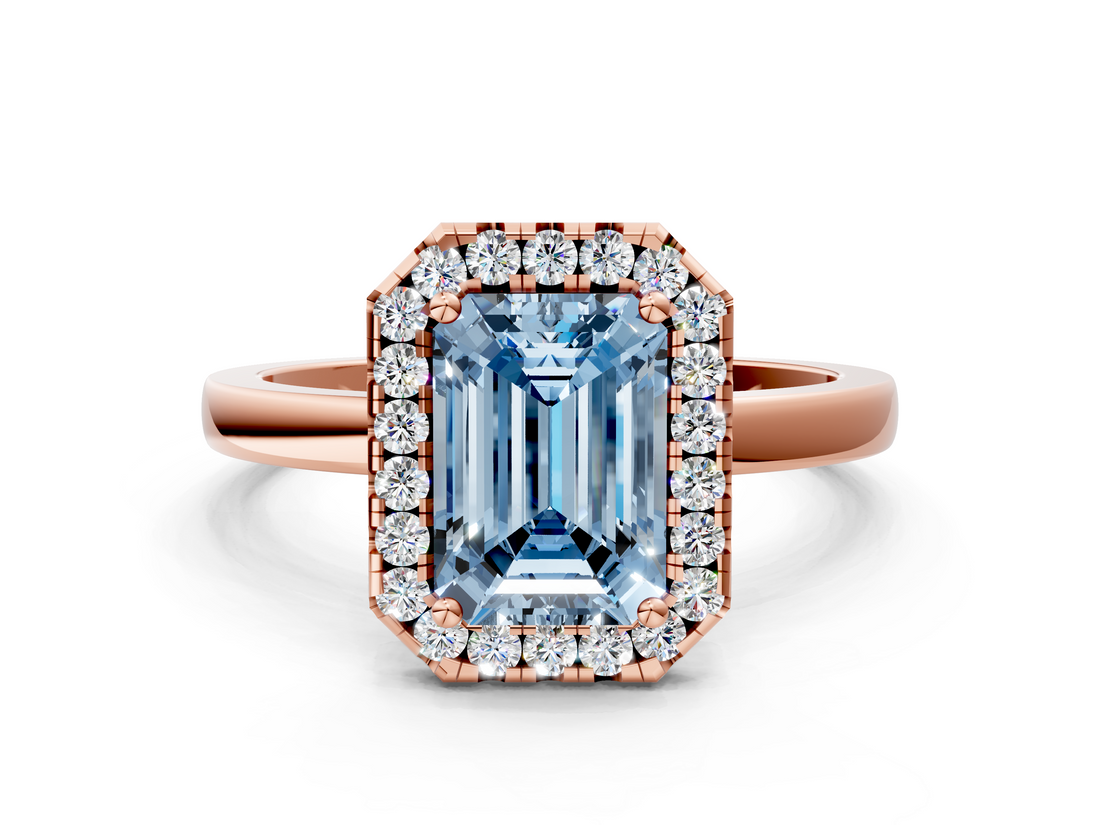 Rose gold Fancy Blue Emerald  Halo Diamond Solitaire with Pavé Band and Four-Prong Setting_74