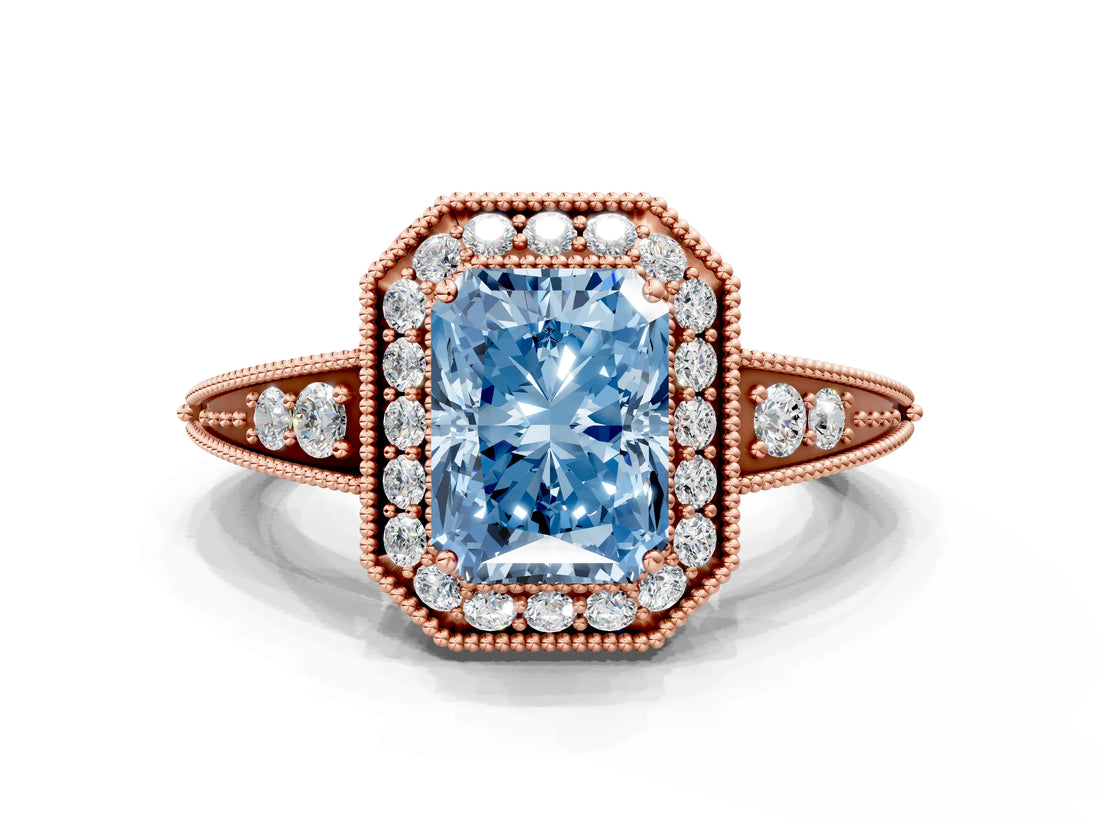Rose gold Fancy Blue Emerald  Halo Diamond Split Shank Ring with Milgrain Detail_49