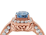 Rose gold Fancy Blue Emerald  Halo Diamond Split Shank Ring with Milgrain Detail_53