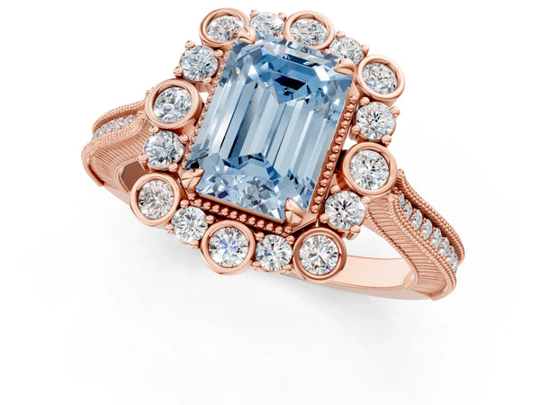 Rose gold Fancy Blue Emerald  Halo Milgrain Pave Diamond Ring with Four-Prong Setting