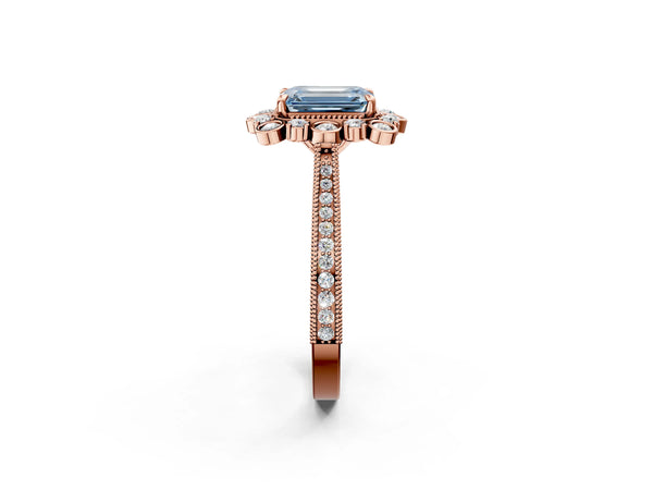 Rose gold Fancy Blue Emerald  Halo Milgrain Pave Diamond Ring with Four-Prong Setting