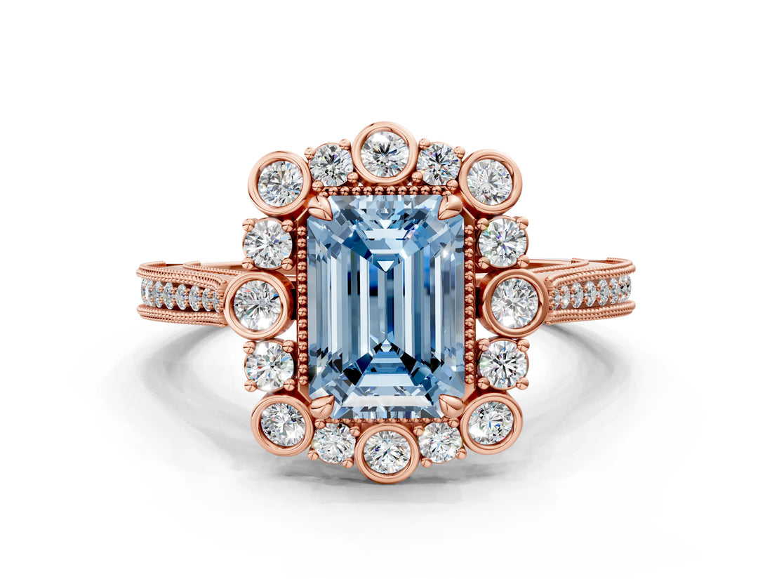 Rose gold Fancy Blue Emerald  Halo Milgrain Pave Diamond Ring with Four-Prong Setting