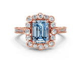 Rose gold Fancy Blue Emerald  Halo Milgrain Pave Diamond Ring with Four-Prong Setting
