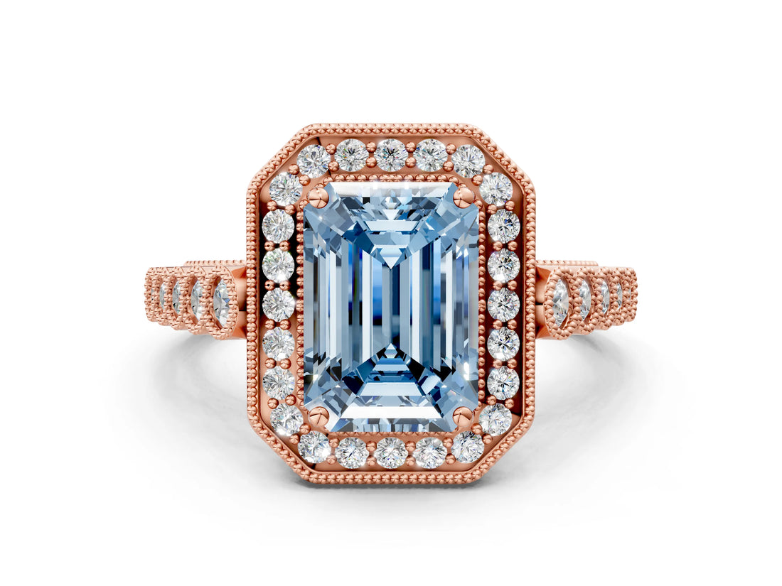 Rose gold Fancy Blue Emerald  Halo Milgrain Solitaire with Bezel Set Side Stones and Pave Band_32