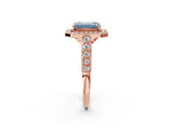 Rose gold Fancy Blue Emerald  Halo Milgrain Solitaire with Bezel Set Side Stones and Pave Band_34