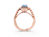 Rose gold Fancy Blue Emerald  Halo Milgrain Solitaire with Bezel Set Side Stones and Pave Band_35