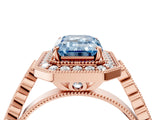 Rose gold Fancy Blue Emerald  Halo Milgrain Solitaire with Bezel Set Side Stones and Pave Band_36