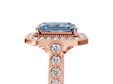 Rose gold Fancy Blue Emerald  Halo Milgrain Solitaire with Bezel Set Side Stones and Pave Band_37