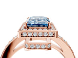Rose gold Fancy Blue Emerald  Halo Pave Band Solitaire Ring with Prong Setting_69