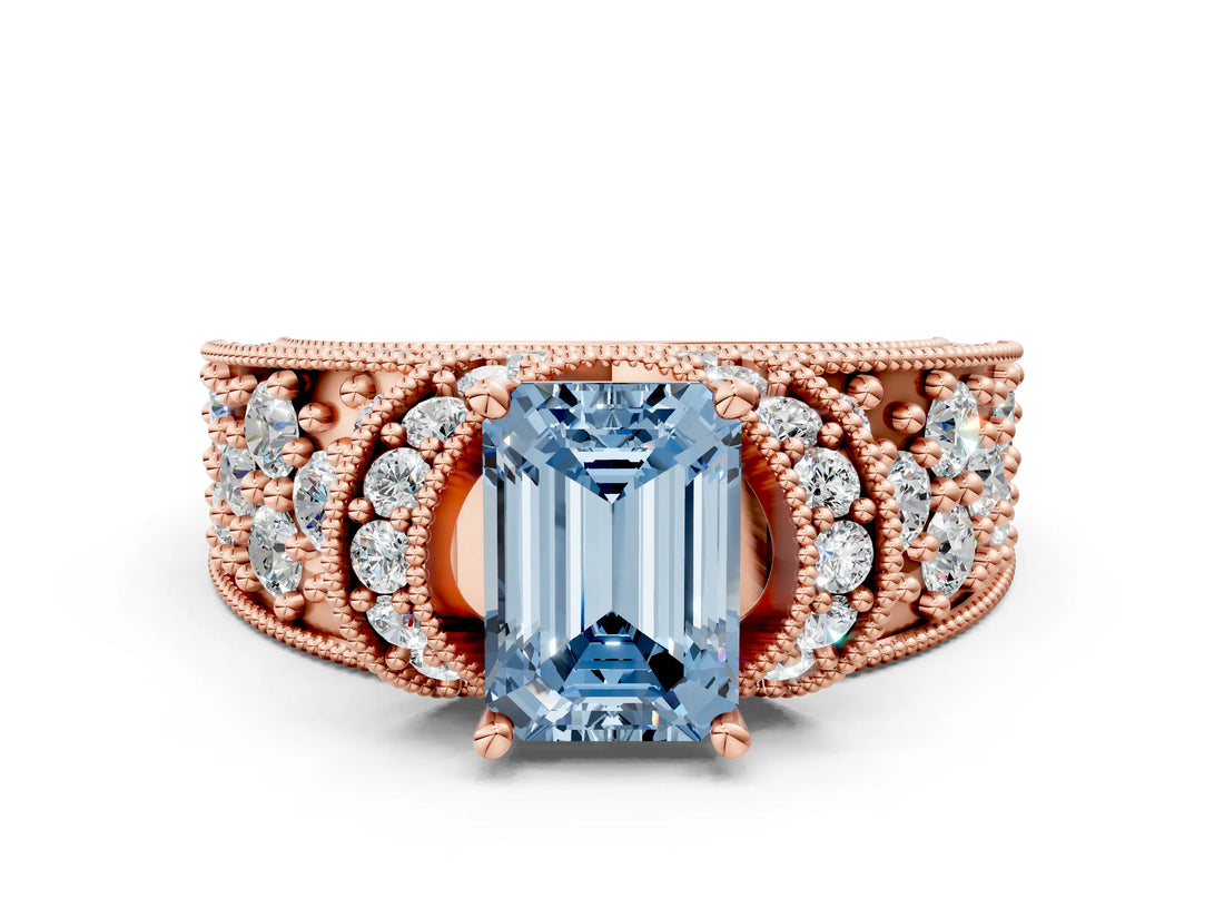 Rose gold Fancy Blue Emerald  Halo Pave Diamond Engagement Ring with Milgrain Detailing_48