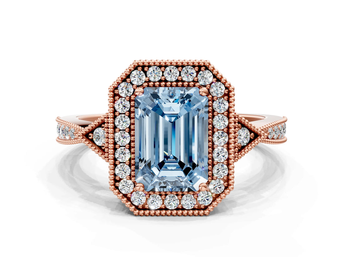 Rose gold Fancy Blue Emerald  Halo Round Diamond Milgrain Pave Engagement Ring_3