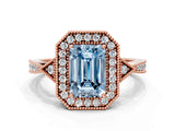 Rose gold Fancy Blue Emerald  Halo Round Diamond Milgrain Pave Engagement Ring_3