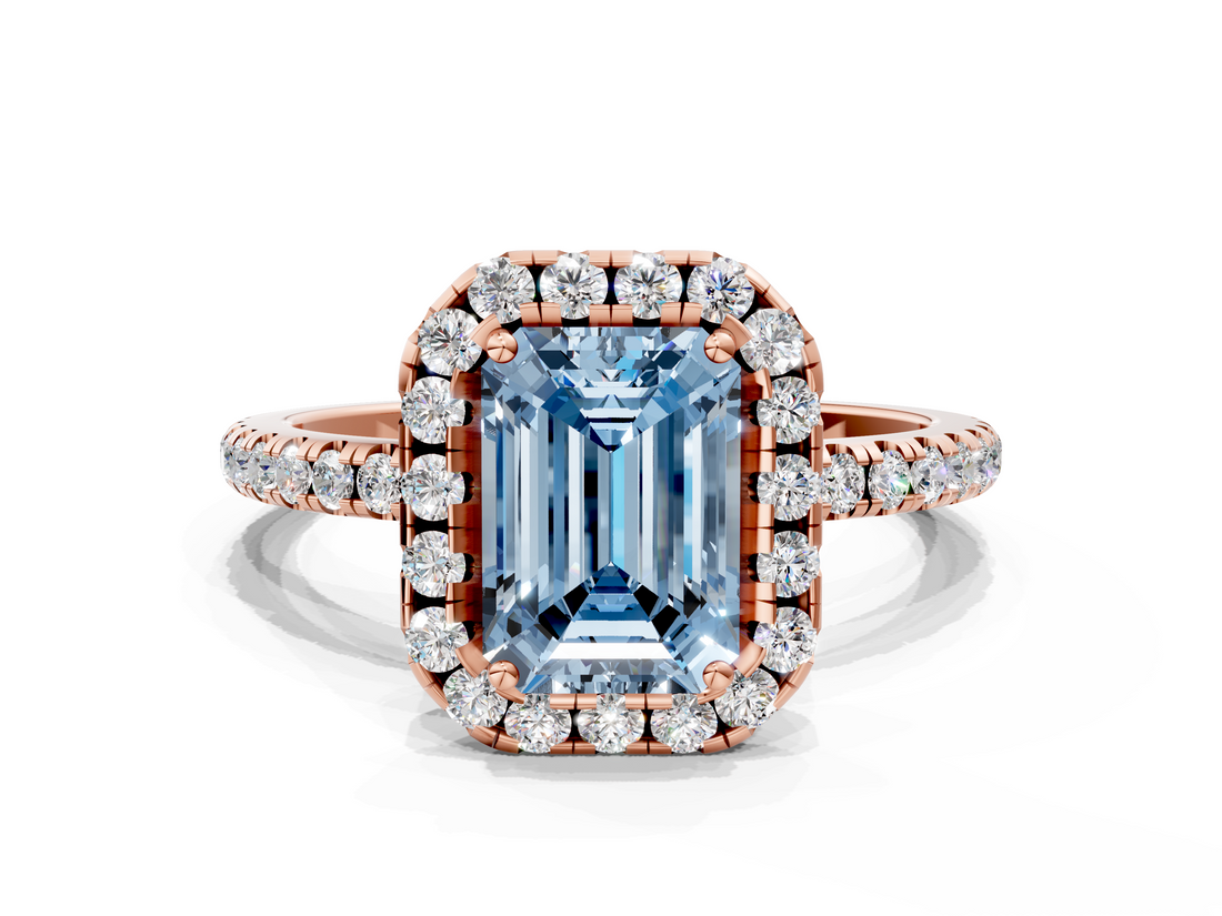Rose gold Fancy Blue Emerald  Halo Round Diamond Pavé Band Four-Prong Ring_3