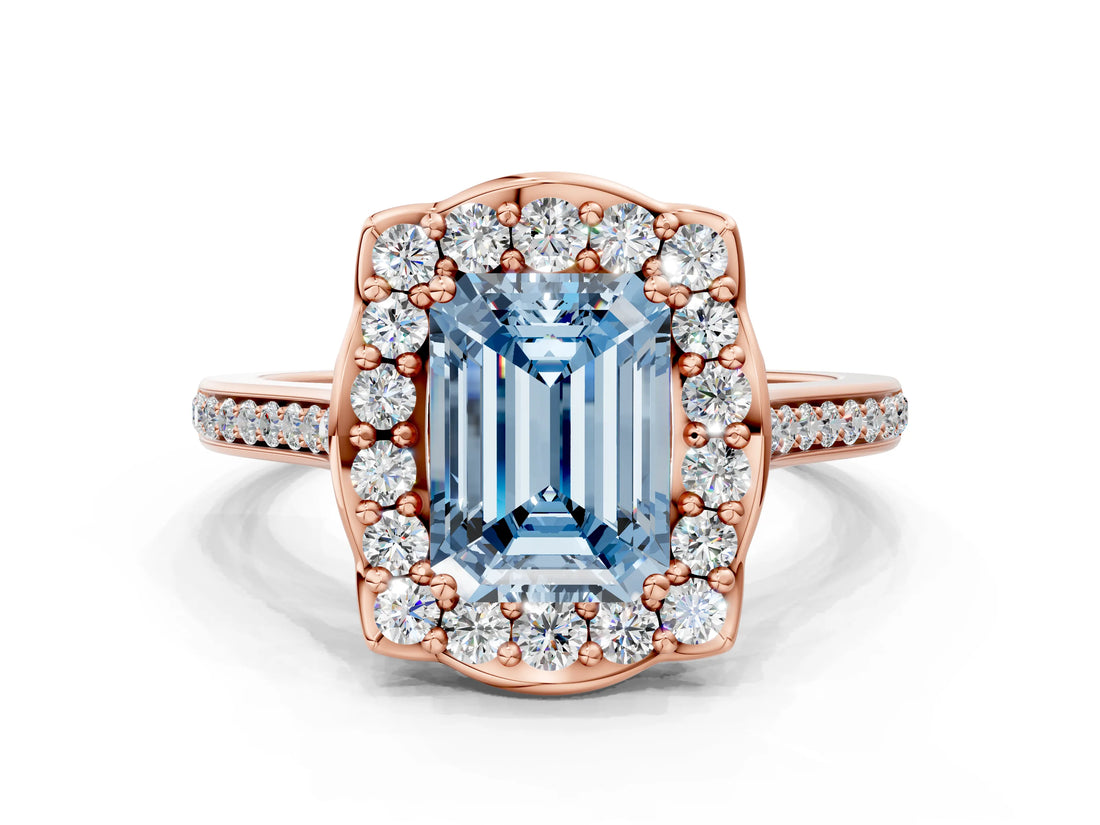 Rose gold Fancy Blue Emerald  Halo Round Diamond Pave Band with Four-Prong Setting_37