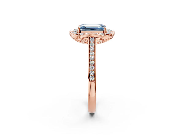 Rose Gold Emerald Cut Petal-Tip Halo Pave Engagement Ring Setting for Fancy Blue Center