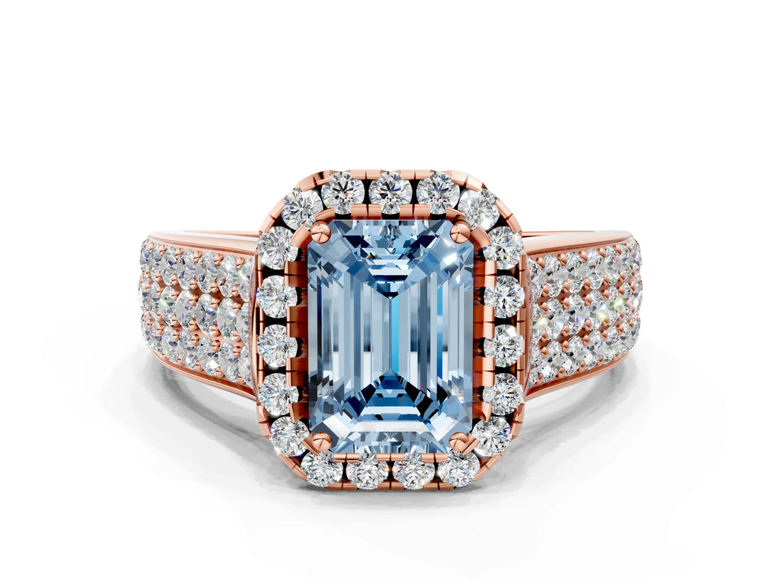 Rose gold Fancy Blue Emerald  Halo Round Diamond Pave Band with Prong Setting
