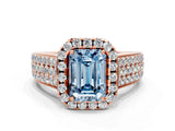 Rose gold Fancy Blue Emerald  Halo Round Diamond Pave Band with Prong Setting