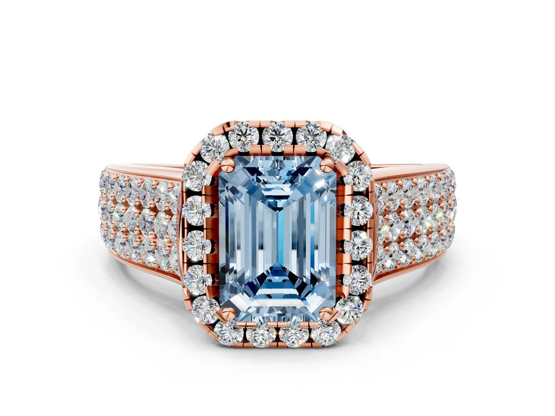 Rose gold Fancy Blue Emerald  Halo Round Diamond Pave Band with Prong Setting_26