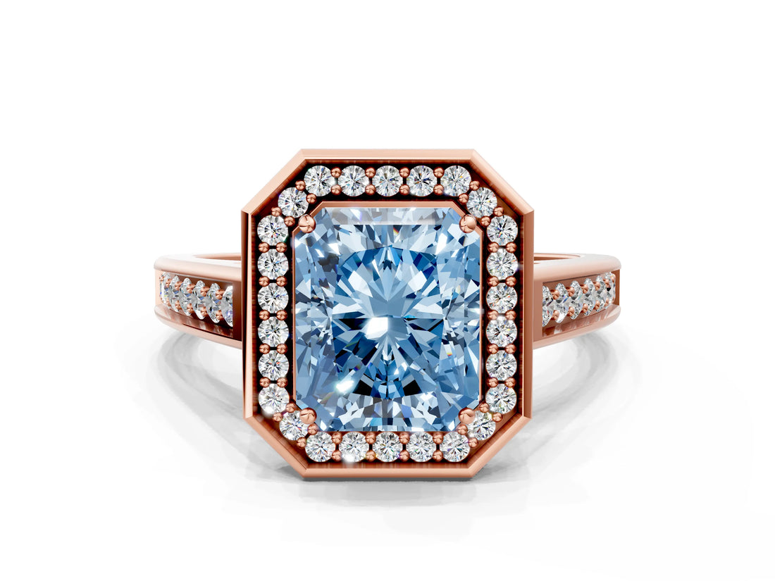 Rose gold Fancy Blue Emerald  Halo Solitaire Diamond Ring with Pave Band and Bezel Setting_48