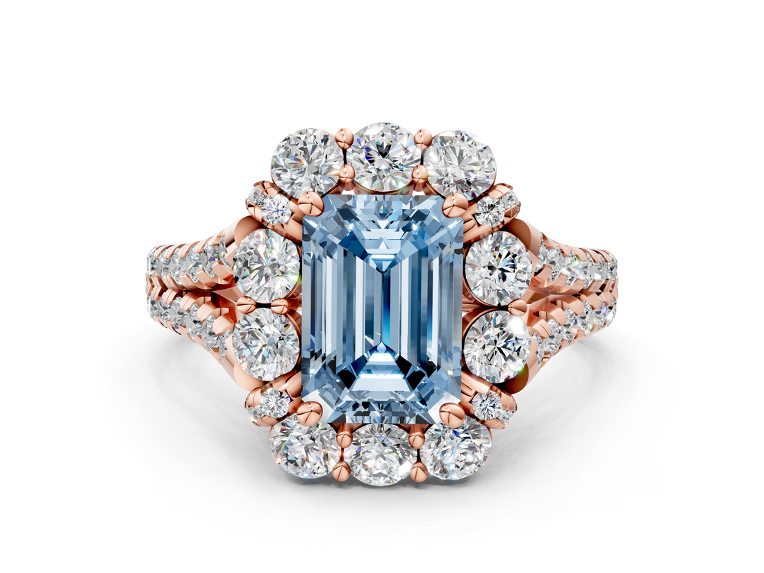 Rose gold Fancy Blue Emerald  Halo Split Shank Diamond Engagement Ring with Pave Band and Four-Prong Setting_54