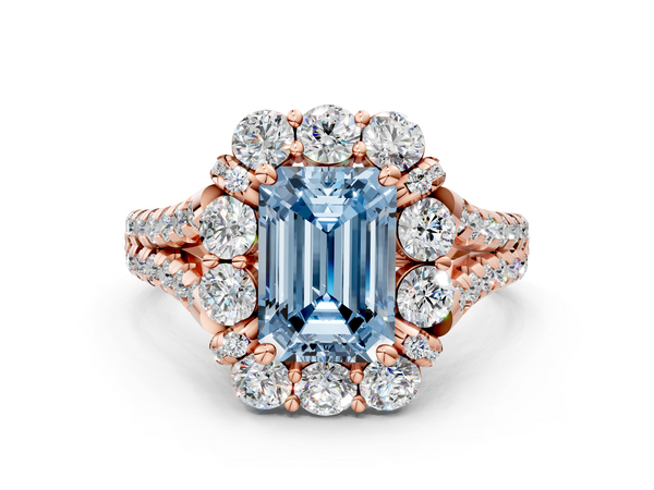 Rose gold Fancy Blue Emerald  Halo Split Shank Diamond Engagement Ring with Pave Band and Four-Prong Setting