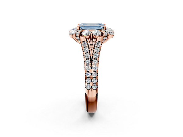 Rose gold Fancy Blue Emerald  Halo Split Shank Diamond Engagement Ring with Pave Band and Four-Prong Setting