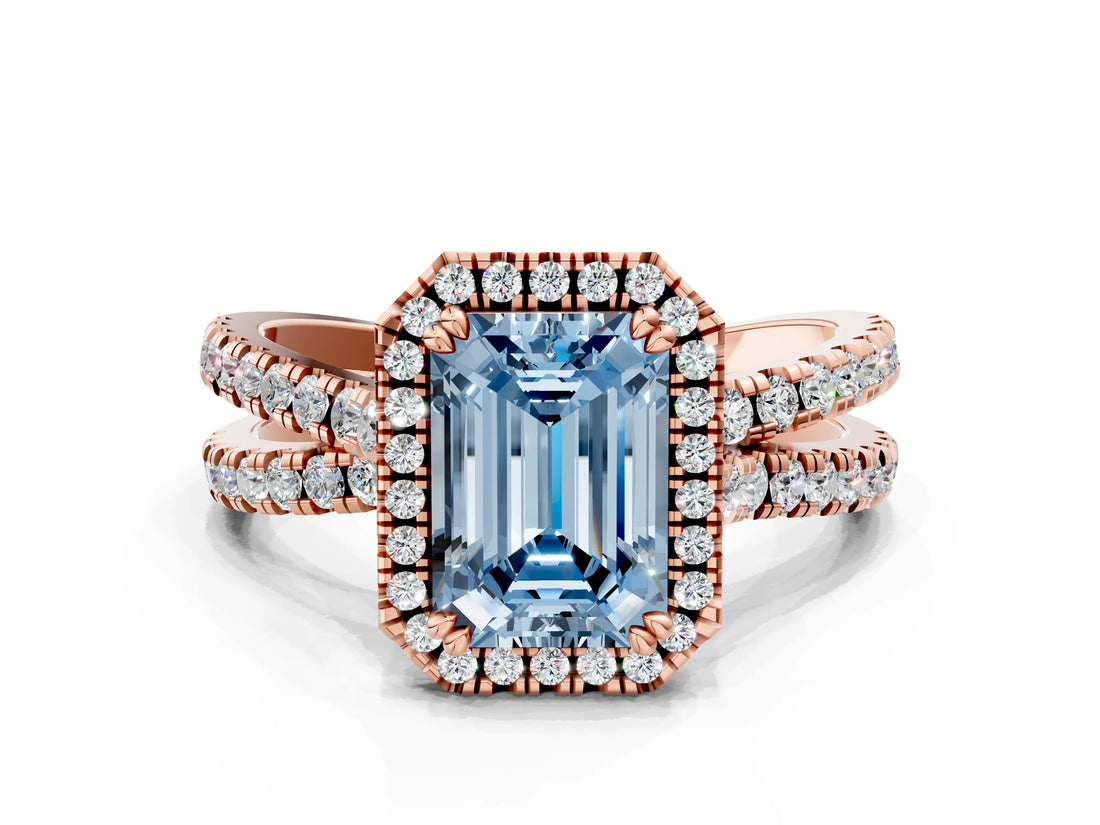 Rose gold Fancy Blue Emerald  Halo Split Shank Diamond Ring with Pavé Setting