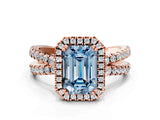 Rose gold Fancy Blue Emerald  Halo Split Shank Diamond Ring with Pavé Setting