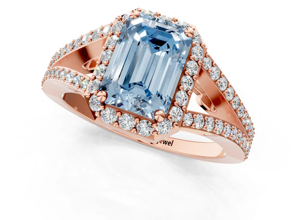 Rose gold Fancy Blue Emerald  Halo Split Shank Pave Diamond Ring with Four-Prong Setting