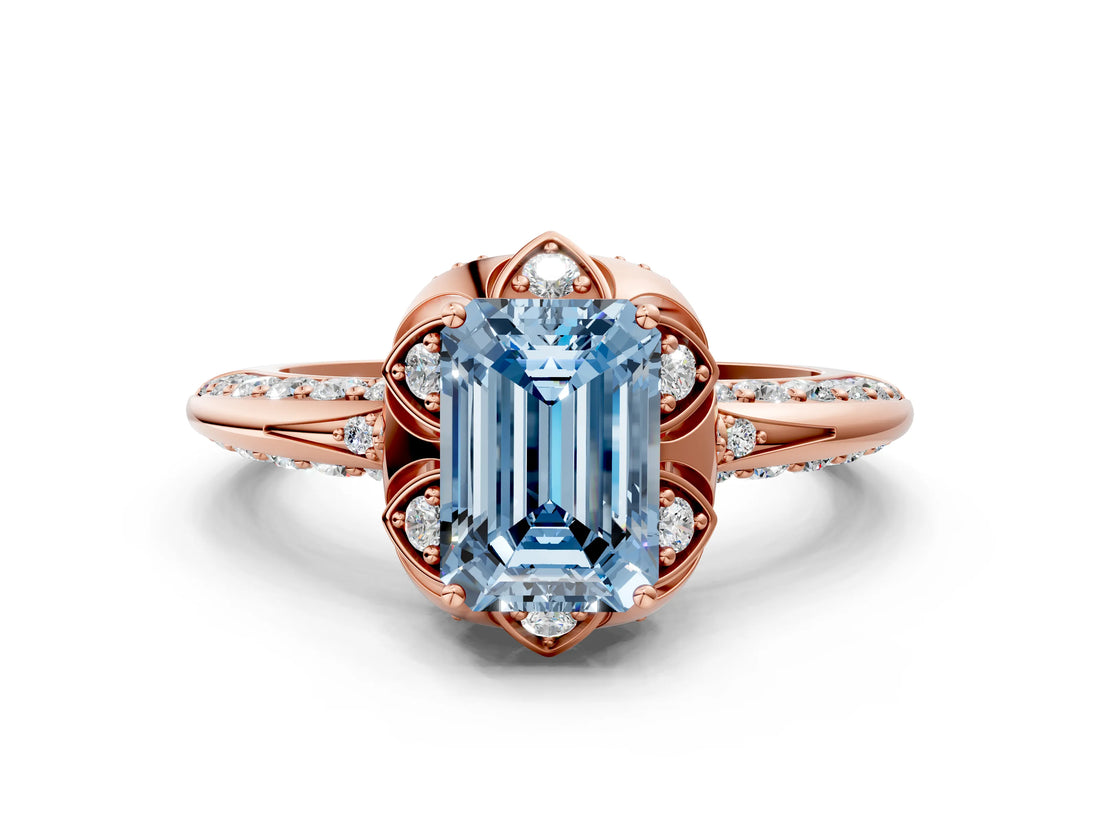 Rose gold Fancy Blue Emerald  Halo Split Shank Pave Diamond Ring with Petal Prong Setting_19