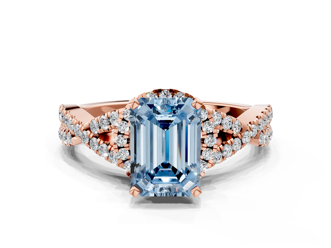 Rose gold Fancy Blue Emerald  Halo Twist Band Solitaire Prong Setting Ring_68