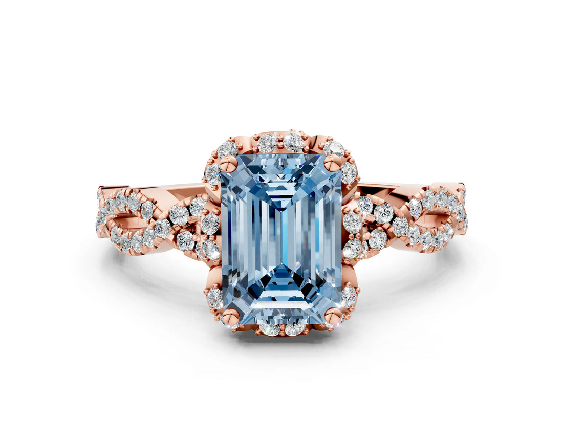 Rose gold Fancy Blue Emerald  Halo Twist Band Solitaire Ring with Six-Prong Setting_32