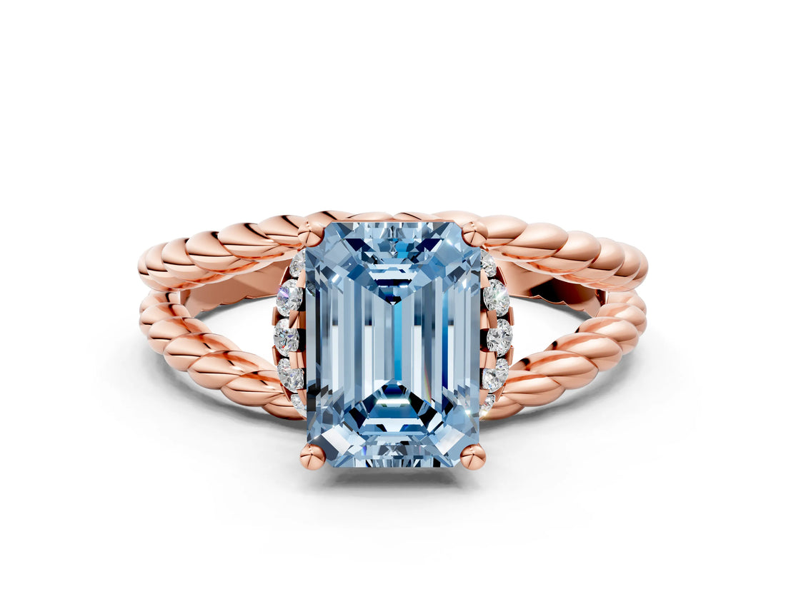 Rose gold Fancy Blue Emerald  Halo Twisted Band Four-Prong Ring_32