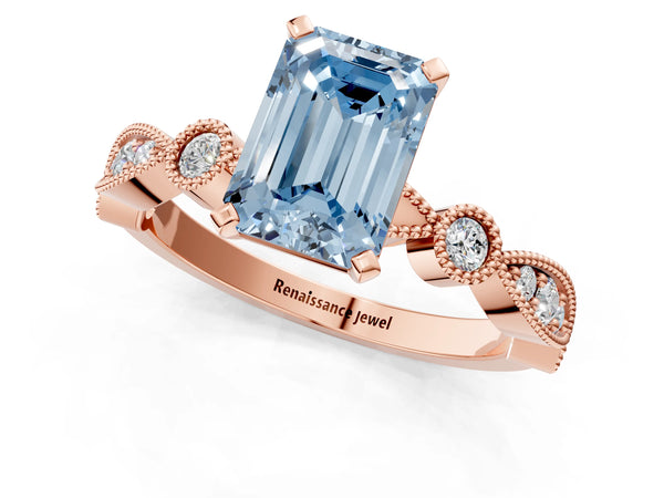 Rose Gold Emerald Cut Milgrain Bezel Engagement Ring Setting for Fancy Blue Center