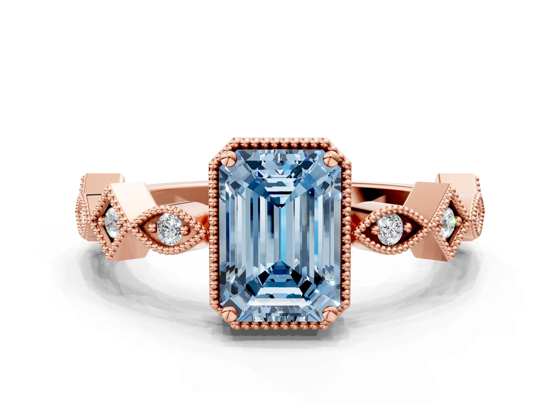 Rose gold Fancy Blue Emerald  Milgrain Marquise Diamond Twist Band Ring_61