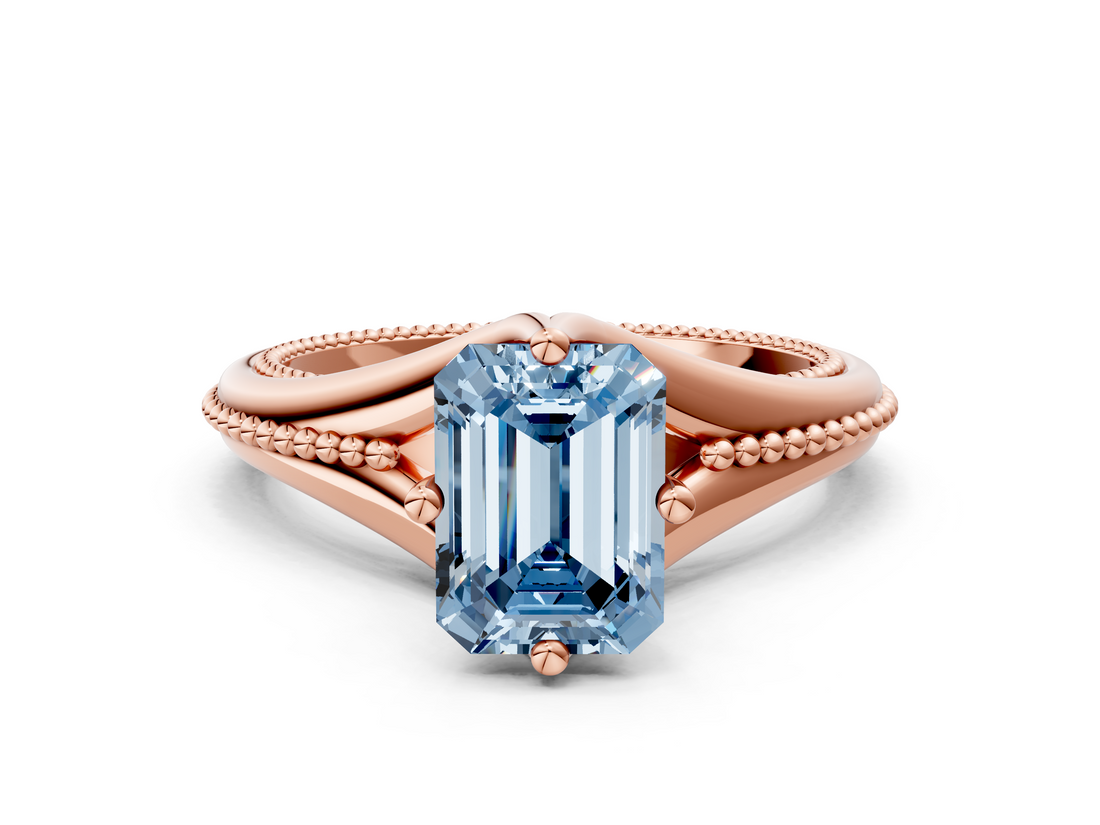 Rose gold Fancy Blue Emerald  Solitaire Beaded Band Six-Prong Setting