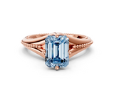 Rose gold Fancy Blue Emerald  Solitaire Beaded Band Six-Prong Setting