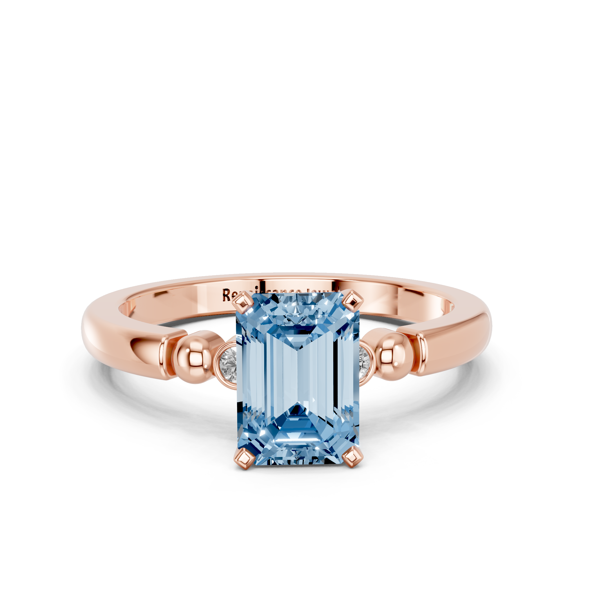 Rose gold Fancy Blue Emerald  Solitaire Beaded Band with Four-Prong Setting_11