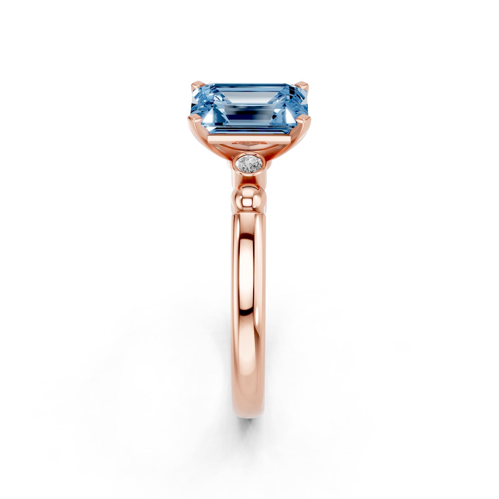 Rose gold Fancy Blue Emerald  Solitaire Beaded Band with Four-Prong Setting_4