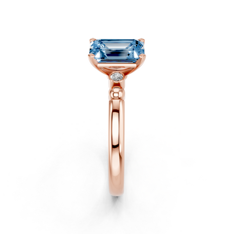 Rose gold Fancy Blue Emerald  Solitaire Beaded Band with Four-Prong Setting_4