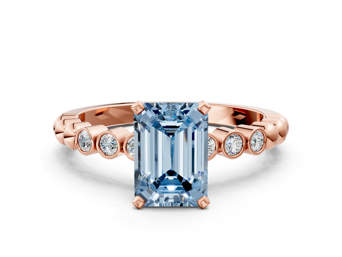 Rose gold Fancy Blue Emerald  Solitaire Bezel Accent Diamond Engagement Ring with Beaded Band and Four-Prong Setting_42