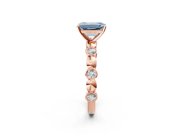 Rose Gold Emerald Cut Engagement Ring Setting for Fancy Blue Center with Bezel Station Beaded Band