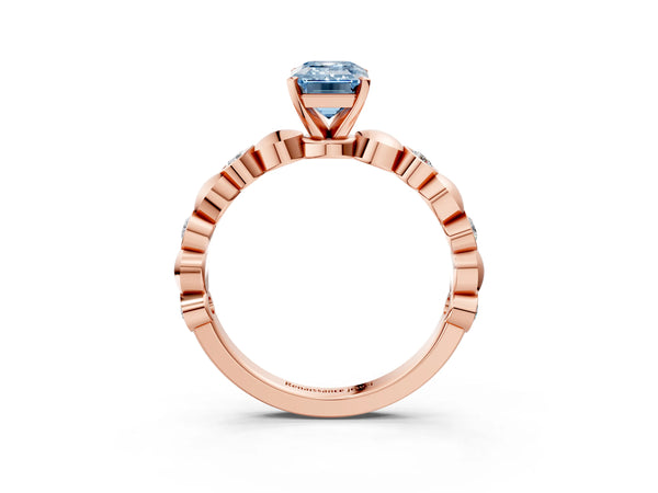 Rose Gold Emerald Cut Engagement Ring Setting for Fancy Blue Center with Bezel Station Beaded Band