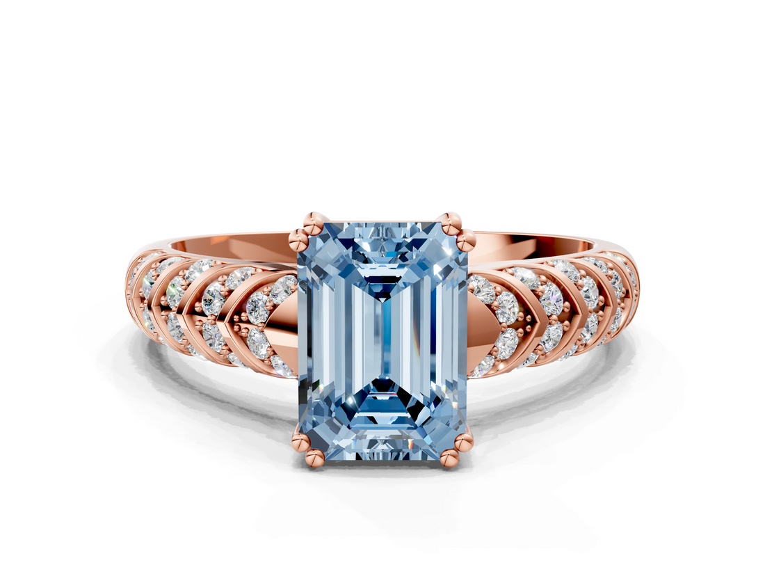 Rose gold Fancy Blue Emerald  Solitaire Chevron Pave Diamond Engagement Ring with Six-Prong Setting_3