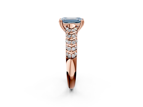 Rose gold Fancy Blue Emerald  Solitaire Chevron Pave Diamond Engagement Ring with Six-Prong Setting
