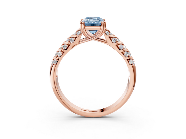 Rose gold Fancy Blue Emerald  Solitaire Chevron Pave Diamond Engagement Ring with Six-Prong Setting