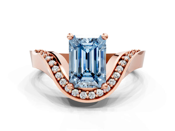 Rose Gold Emerald Cut Pave Bypass Solitaire Engagement Ring Setting for Fancy Blue Center