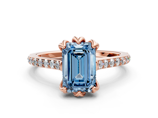 Rose gold Fancy Blue Emerald  Solitaire Diamond Engagement Ring with Pave Band and Six-Prong Setting