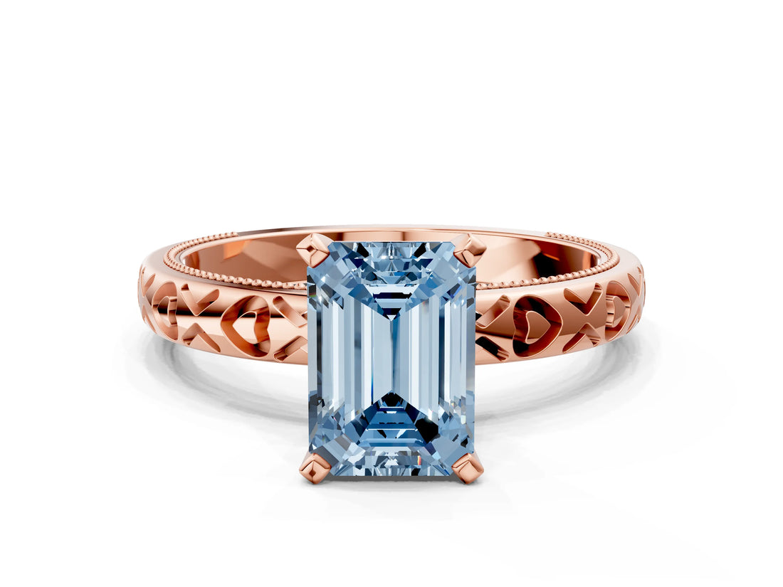 Rose gold Fancy Blue Emerald  Solitaire Diamond Engagement Ring with XO Engraved Band and Four-Prong Setting