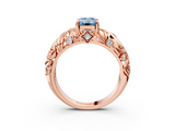 Rose gold Fancy Blue Emerald  Solitaire Diamond Leaf Vine Band with Prong Setting_51